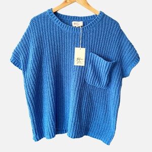 NWT BEFORE YOU Blue Knit Short Sleeve Sweater Top Chunky Pullover Relaxed Fit